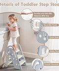 Hella Steady Adjustable Toddler Step Stool With Handles Converts From 3 To 2 Setup As Kiddos Grow Non Slip Safety Footrest For Bathroom Sink And Kitchen Counter Grey shown in use by child brushing teeth.