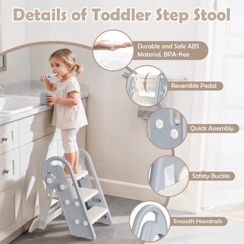 Hella Steady Adjustable Toddler Step Stool With Handles Converts From 3 To 2 Setup As Kiddos Grow Non Slip Safety Footrest For Bathroom Sink And Kitchen Counter Grey shown in use by child brushing teeth.