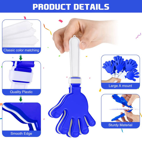 48 Pcs Hand Clappers Bulk 7.5 X 3.5 Inch Plastic Noise Makers with blue and white hand clapper details for events