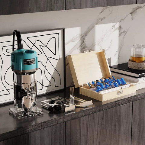 Powerful Compact Wood Router Tool 800W 30000 RPM with accessories and tungsten carbide bits set on shelf