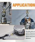 Beefy Heavy Duty Block And Tackle Pulley System lifting heavy objects, car with tow line, and dog in basket showcasing versatility.