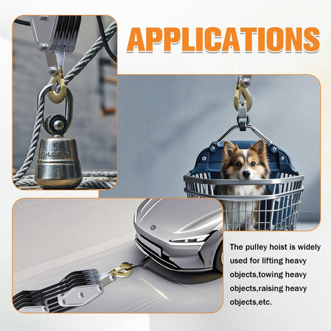 Beefy Heavy Duty Block And Tackle Pulley System lifting heavy objects, car with tow line, and dog in basket showcasing versatility.