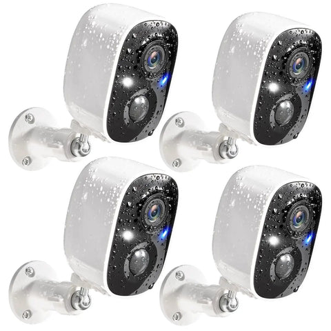 Wireless Outdoor Security Camera Kit Four Pack 2K Battery Powered Cameras with IP65 Waterproof design, wet exterior view