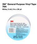 Vinyl Tape 764 General Purpose White 3 Inch By 36 Yard Roll with packaging label showing product details and dimensions