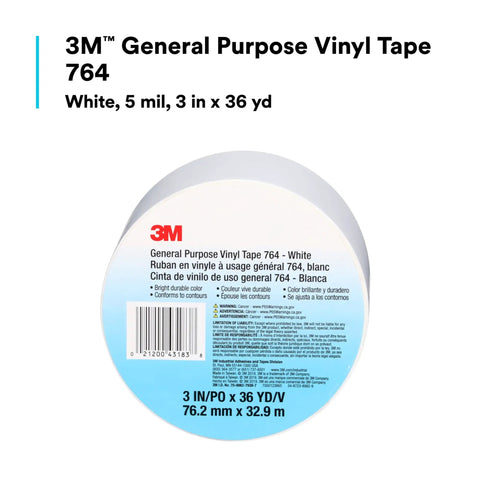 Vinyl Tape 764 General Purpose White 3 Inch By 36 Yard Roll with packaging label showing product details and dimensions