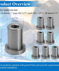 Eight Piece Heavy Duty Weld On Nuts With Three Eighths Sixteen Thread Stepped Female Profile For Rugged Truck Builds And Shop Fabrication That Stick Firm Without Breaking A Sweat, showing dimensions.