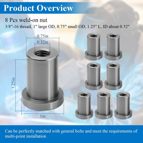 Eight Piece Heavy Duty Weld On Nuts With Three Eighths Sixteen Thread Stepped Female Profile For Rugged Truck Builds And Shop Fabrication That Stick Firm Without Breaking A Sweat, showing dimensions.
