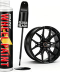 Premium Gloss Black Rim Touch Up Paint For Nixing Curb Rash And Heavy Scratches On Alloy Wheels with applicator and rim.