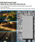 Outdoor 200W Low Voltage Landscape Transformer With Plug-And-Play Multi Tap Output, stainless steel housing on brick wall.