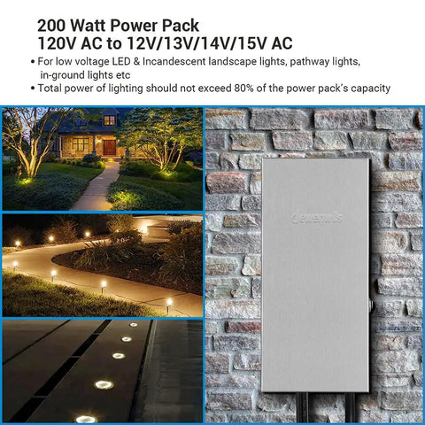 Outdoor 200W Low Voltage Landscape Transformer With Plug-And-Play Multi Tap Output, stainless steel housing on brick wall.