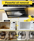 Heavy Duty Handheld Steam Cleaner For Home And Cars Pro Level Multi Surface Vapor Tool removing grease from a kitchen stove and microwave.