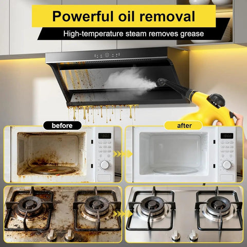 Heavy Duty Handheld Steam Cleaner For Home And Cars Pro Level Multi Surface Vapor Tool removing grease from a kitchen stove and microwave.