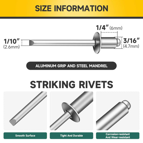 3/16 x 1/4 Inch Blind Pop Rivets Kit For Metal with Aluminum Grip and Steel Mandrel, size specifications image