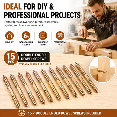 15 Piece M10x100 Double Ended Dowel Screws For Wood Self Tapping Hardware Tough As Nails Heavy Duty Fastener Kit For Furniture Assembly And No Sweat Woodworking Repairs Built To Last, displaying threaded metal connectors.