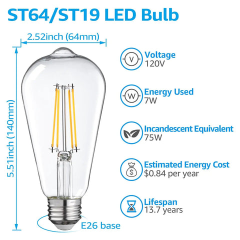 Dimmable Vintage Edison LED Bulbs 7W Filament, 800 Lumens, Soft White 2700K, 75W Equivalent, E26/E27 Base, UL Listed diagram