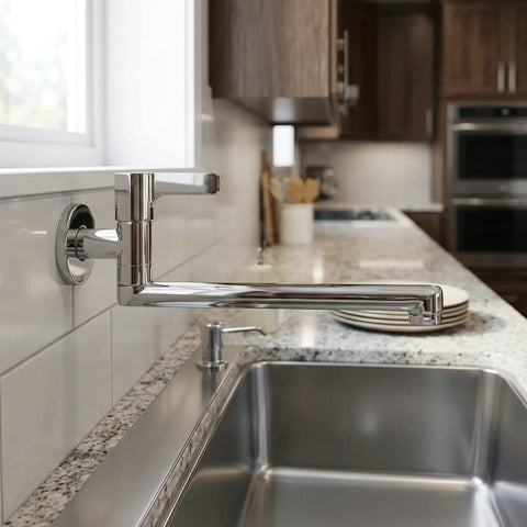 Wall Mounted Extended Kitchen Faucet Cold Only Rotatable Spout 304 Stainless Steel Single Lever for Mop Pool Utility Sink Silver(25cm) in modern kitchen.