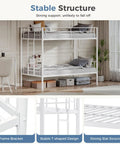 Heavy Duty Twin Over Twin Metal Bunk Bed With Sturdy Steel Ladder High Safety Guardrails Built Tough For Kids Teens Adults Dorm Room Extra Thick Steel Slats Keep It Rock Solid And Totally Squeak Free White, featuring a stable frame bracket and design.