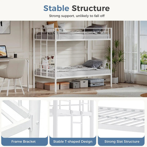 Heavy Duty Twin Over Twin Metal Bunk Bed With Sturdy Steel Ladder High Safety Guardrails Built Tough For Kids Teens Adults Dorm Room Extra Thick Steel Slats Keep It Rock Solid And Totally Squeak Free White, featuring a stable frame bracket and design.