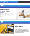Legit Portable Hydraulic Crawler Crane With Handheld Remote, Compact Fold Away Electric Warehouse Lift For Glass And Steel Installation, Badass Heavy Lifter Ready To Roll Anywhere with workers in hanging basket.