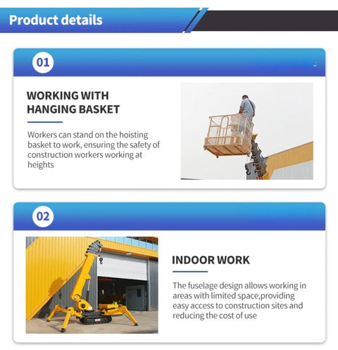 Legit Portable Hydraulic Crawler Crane With Handheld Remote, Compact Fold Away Electric Warehouse Lift For Glass And Steel Installation, Badass Heavy Lifter Ready To Roll Anywhere with workers in hanging basket.