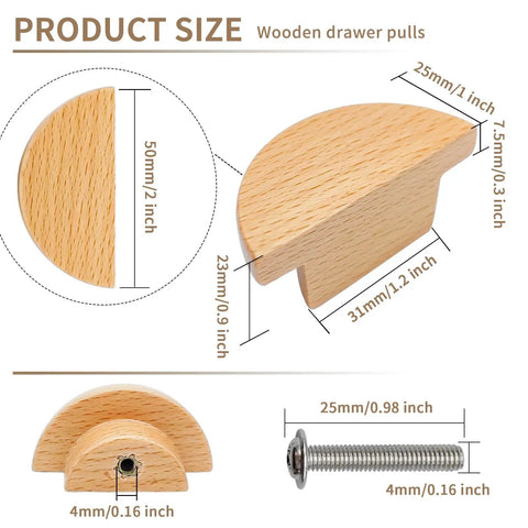 2 Inch Semicircle Beech Wood Cabinet Knobs Set Of Six, Minimalist Half Round Drawer Handles For Cabinetry, No Stress Install Rich Wood Grain Brings Modern Vibes To Your Space, showing dimensions and details.