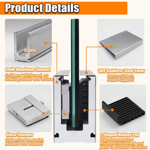 Rock Solid Frameless Glass Railing Kit With Aluminum Base Rail For 10 To 15 Mm Panels detail showing solid aluminum channel and fasteners.