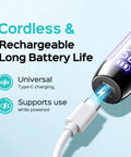Close-up of Electric Nail Drill Cordless Led Screen 25 Speeds Lightning Fast Manicures Pedicures charging with Type-C cable.