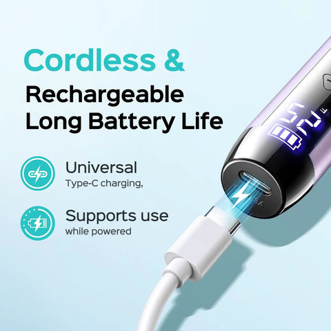 Close-up of Electric Nail Drill Cordless Led Screen 25 Speeds Lightning Fast Manicures Pedicures charging with Type-C cable.