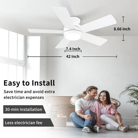 42 Inch White Ceiling Fan With LED Light Kit And Remote Low Profile Flush Mount Energy Efficient DC Motor in living room