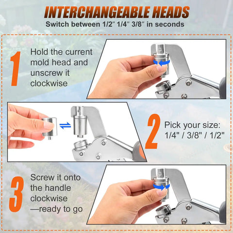 Pro Grade Complete Three Size Grommet Tool Kit With Dies For One Quarter, Three Eighths, And One Half Inch Grommets instructions