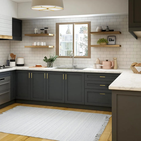 Modern kitchen with gray cabinets featuring 30 Pack 5 Inch Stainless Steel Cabinet Handles Square Cabinet Pulls Brushed Brass Hardware.