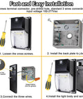 Installation steps for 2 Pack Dusk To Dawn Outdoor Wall Pack Lights showing wiring and assembly
