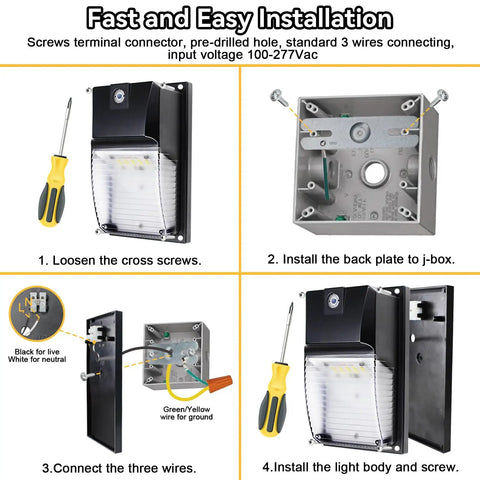 4 Pack 35W Dusk To Dawn LED Wall Pack Lights With Photocell Sensor installation steps with screwdriver and wiring details