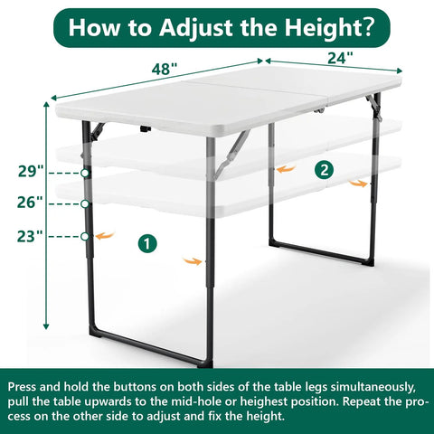 Adjustable height demo of Heavy Duty 4 Foot Folding Table With Fold In Half Design Adjustable Height Grab And Go Portable Utility Table