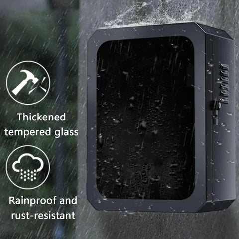Heavy Duty Outdoor EV Charger Protector With All Weather Rain Cover And Secure Anti Theft Lock Built Tough Floor Standing Steel Enclosure for garage, showing thickened tempered glass panel against rain.
