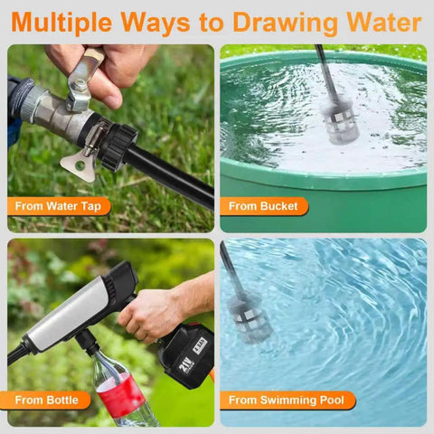 Go To Battery Powered Cordless Pressure Washer drawing water from different sources: tap, bucket, bottle, swimming pool.