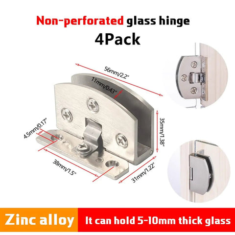 Heavy Duty No Drill Glass Door Hinges Pack For Cabinets Showcases And Wine Cabinets Fits 5 To 10mm Glass Thickness Matte Finish Rust Proof Zinc Alloy Easy Install 4 Pack For Frictionless Durable Glass Doors diagram with measurements and installation examples.