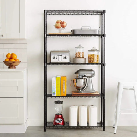 Heavy Duty Five Shelf Wire Storage Rack With Chrome Steel Finish, Adjustable Space Saving Shelving Organizer For Garage Or Kitchen, Rock Solid Zero Stress Setup, 350 Lbs Per Shelf Capacity