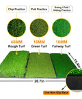 Golf practice turf mat showing 40mm rough, 16mm green, and 10mm fairway turfs for chipping, putting, and swing practice.