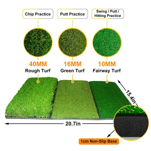 Portable Golf Hitting Net 10x7ft With Durable Fiberglass Frame And Silent Target showing turf levels and measurements