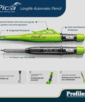 Top Tier Multifunction Scribing Tool Kit Featuring Self Locking Adjustment Pica Dry Long Life Automatic Pencil And Eight Versatile Refill Leads For Dead On Precision Marking And Hella Quick Layouts Black in use with features labeled.