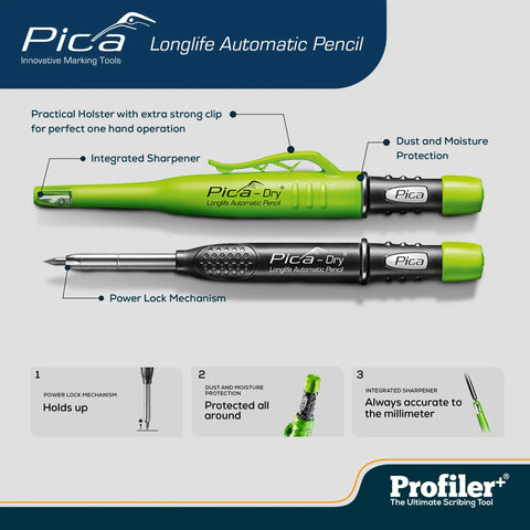 Top Tier Multifunction Scribing Tool Kit Featuring Self Locking Adjustment Pica Dry Long Life Automatic Pencil And Eight Versatile Refill Leads For Dead On Precision Marking And Hella Quick Layouts Black in use with features labeled.