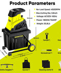 50L Collecting Bin Yard Waste Chipper Shredder With 15 Amp Electric Motor 25 To 1 Reduction 1.8 Inch Cutting Diameter Portable Wheel Mulcher With Dimensions And Accessories