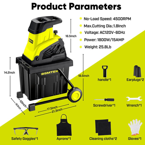 50L Collecting Bin Yard Waste Chipper Shredder With 15 Amp Electric Motor 25 To 1 Reduction 1.8 Inch Cutting Diameter Portable Wheel Mulcher With Dimensions And Accessories