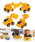 4 Piece Front End Loader Plastic Engineering Vehicle Models set for kids, showcasing four compact yellow construction trucks.