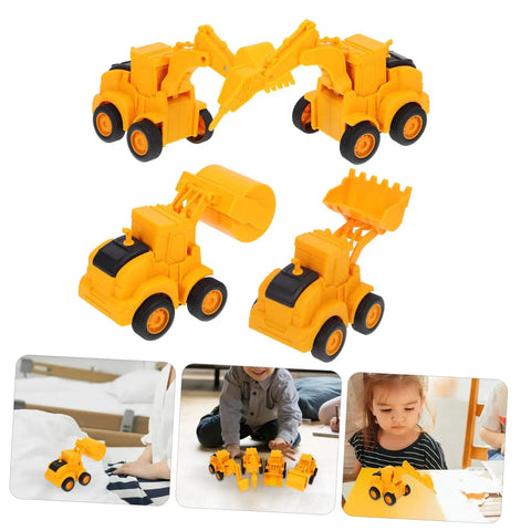 4 Piece Front End Loader Plastic Engineering Vehicle Models set for kids, showcasing four compact yellow construction trucks.
