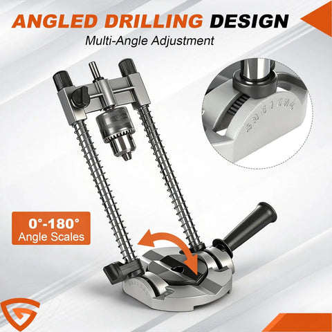 Angled drilling design showing Drill Guide Stand For Cordless Drills And More Portable Drill Press Attachment, 180-degree scale.