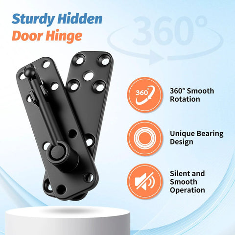 Heavy Duty Hidden Door Hinge Kit With 570 Lbs Load Bearing, 360 Degree Swing Pivot Hinge For Bookcase Doors And Secret Hidden Shelves, Stainless Steel Solid Construction, Invisible Door Hardware For Wooden Or Aluminum Frames, displayed with features.