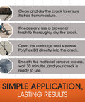 Steps to apply Polyflex DS Asphalt Crack Sealer Kit with Gun, Quick-Drying Concrete Crack Filler, shows preparation and application.