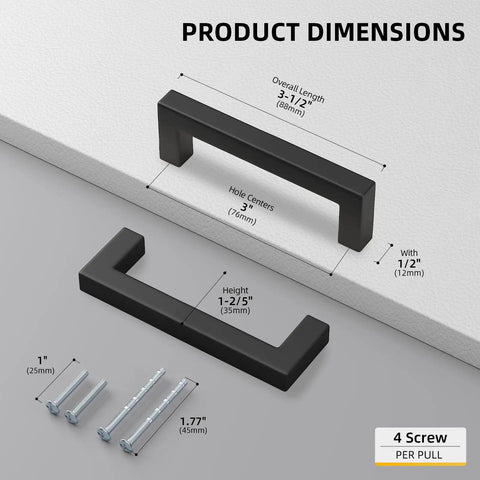 Matte Black Cabinet Handles Set 3 Inch Stainless Steel Hollow Square Bar Drawer Pulls dimensions and included screws